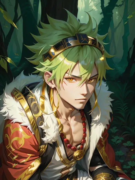 1boy, anime, a man in a costume with jewelry around his head, sitting in a forest, handsome guy in fantasy style art, detailed digital anime art, demon slayer artstyle, my hero academia, katsuki bakugou, anime tribal boy with long hair, advanced digital an...