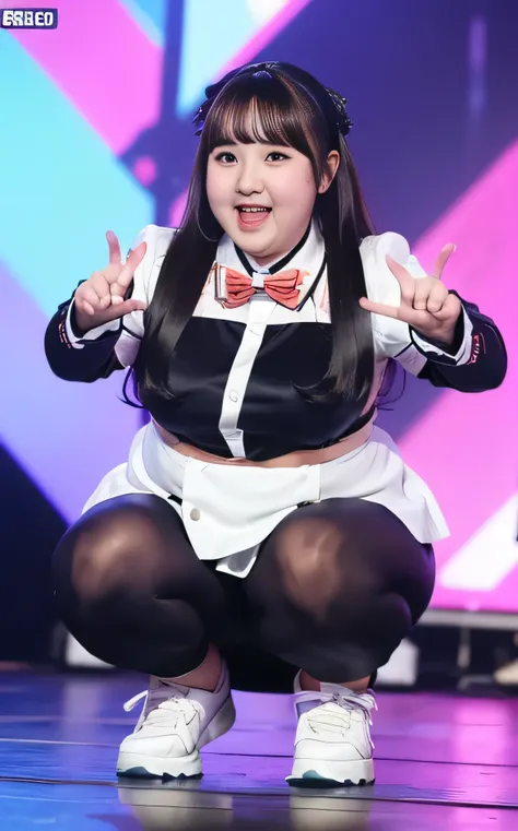 ((8K)), highest quality, 超High resolution, (Surreal)、(High resolution), 1 girl, idol, ((idol clothing)), Overweight, extremely fat, ((Chubby)), on stage, ((crouching))