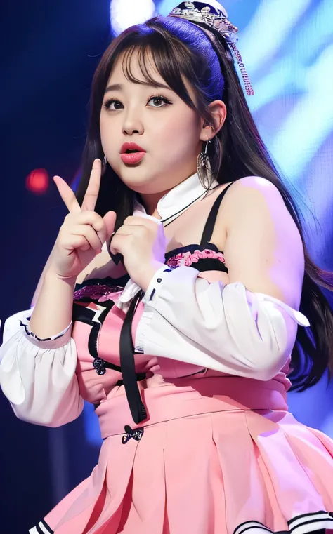 ((8K)), highest quality, 超High resolution, (Surreal)、(High resolution), 1 girl, idol, ((idol clothing)), Overweight, extremely fat, ((Chubby)), on stage, ((put index finger on mouth))