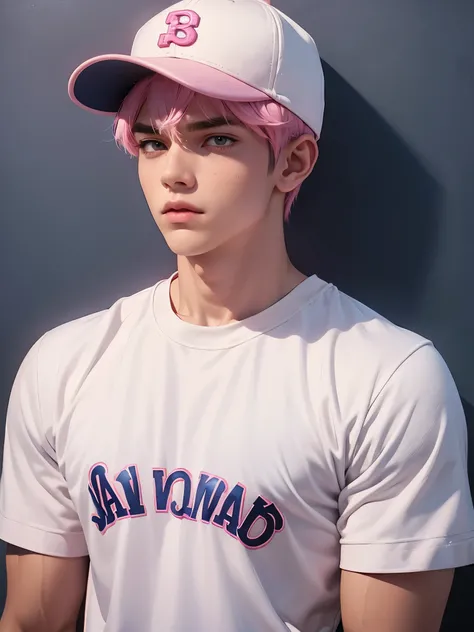 Pink Hair、Has bangs、Navy blue baseball cap、Jersey、Broad shoulders、Short Hair、Pink eyebrows、White skin、Muscular、Tall、Big Handale、Bad look in the eyes、20th Generation