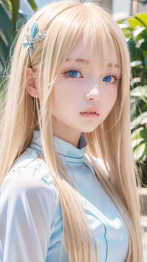 Super long blonde straight hair、Bangs on a beautiful face between the eyes、Very cute beautiful sexy young teenage girl、So perfect beautiful cute face、Very large, clear, beautiful, bright, light blue eyes、Very big cute eyes、Small Face Beauty、Cheek highlight...