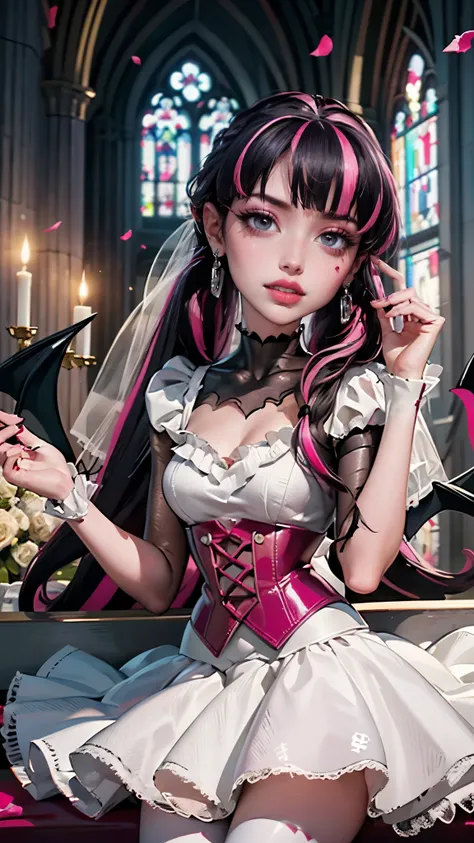 ((high quality)), ((Work of art)), (more detail), 1girl, succubus, centered, a girl with a bat wings, wedding dress, award winning upper body portrait, cowboy shot, Draculaura_MH, solo, black half hair, pink half hair, multicolored hair, long hair, wave ha...