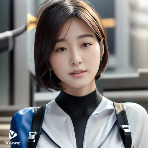 There is a woman wearing a white top and a black backpack., San Yun-ju, Portraits of Korean female idols, Soft Portrait Shot 8k, 8k art germany bokeh, Jaeyoung Nam, Portrait Anime Astronaut Girl, Close-up portrait shot, Short hair, Realistic Anime 3D Style...