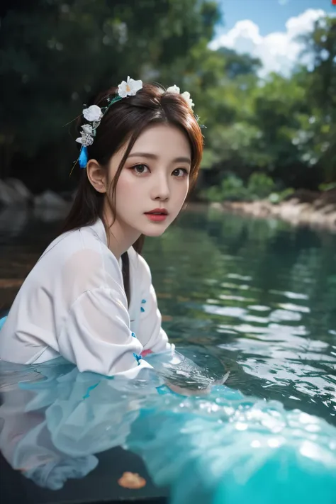 1 girl,blue sky and white clouds,water,close-up