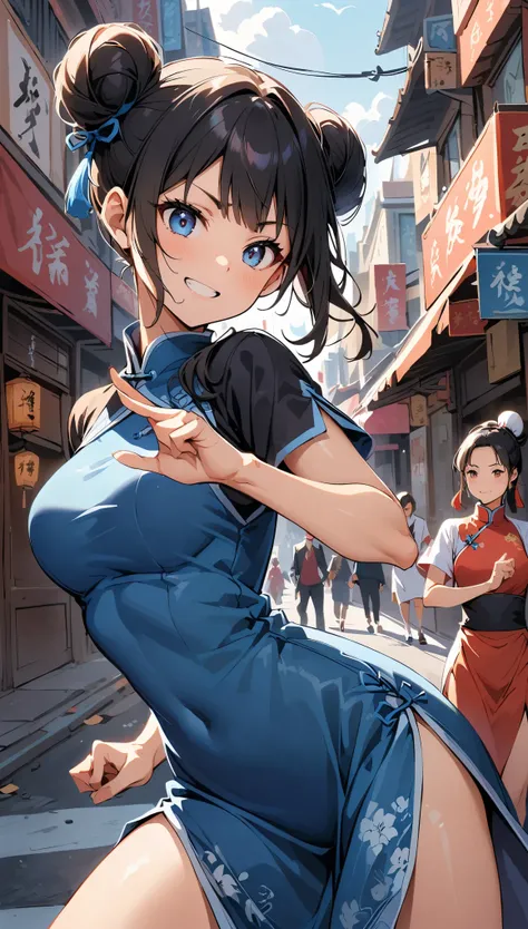 Blue Chinese Dress, Black Hair, Bun Head, Kung Fu Action, Chinatown, 