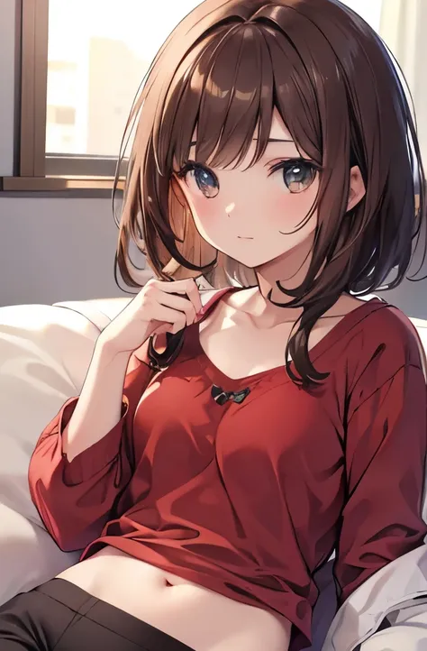 Highest quality,8K,High definition,Face like an actress,Dark brown hair,Cute as a little sister,navel,Loungewear,Sitting in the living room