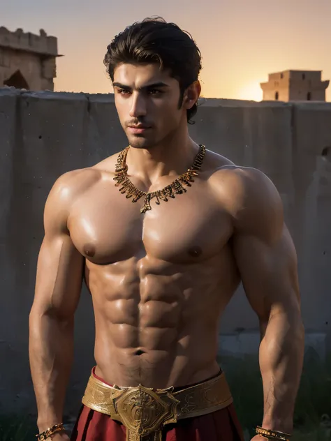 (Masterpiece, Hyperrealistic, 8k, HDR, RAW), ((Natural illumination)), sunset illumination, warm illumination, ((Standing)), (((Outside the walls of a Persian Citadel))), ((handsome man)), egyptian boy, bad boy, ((Tanned skin)), 21 years old, ((Muscular ab...