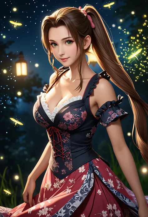 (((masterpiece))),((highest quality)),beautiful girl, aerith, sexy witch, bangs、(long hair, side pony tails:1.5)、(((huge firm bo...