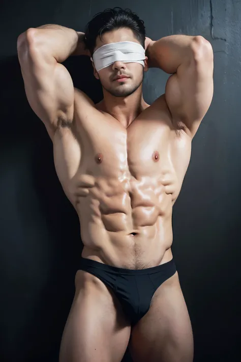 (8k, original photo, best quality，Half body photo) ,, ((( 25-year-old muscular blindfolded men)))，standing，shirtless,Shirtless muscular man，blush，Shy expression，Mouth slightly open，Armpit Hair, micro thong ,pubic hair，wearing a black micro thong , hands ar...