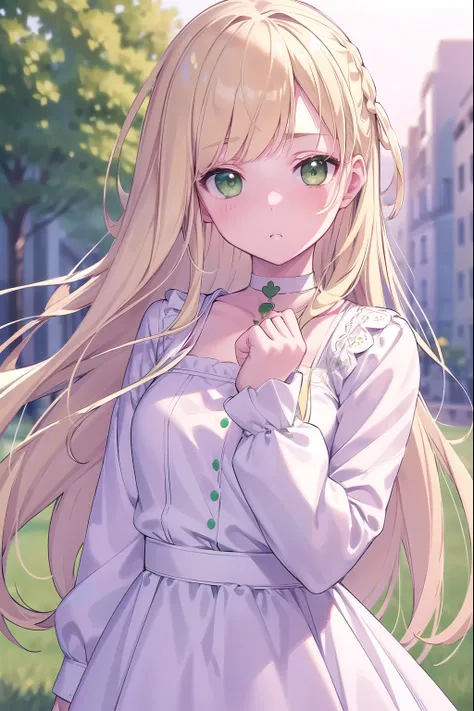 Blonde Hair, choker, (Green Eyes:1.5), Long Hair, dress, skirt, blush, blush stickers, Have, (White clothes:1.5), break looking at viewer, break outdoors, city, break (masterpiece:1.2), highest quality, High resolution, unity 8k wallpaper, (figure:0.8), (B...