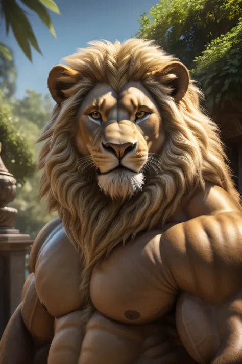 a male lion with a long flowing blonde mane, long and thick fur, beautiful detailed eyes, massive and obese body, big belly, fat belly, muscular arm, muscular pectorals, in a garden, shirtless, portrait, big smile, paw in front of the face to hide the eyes...