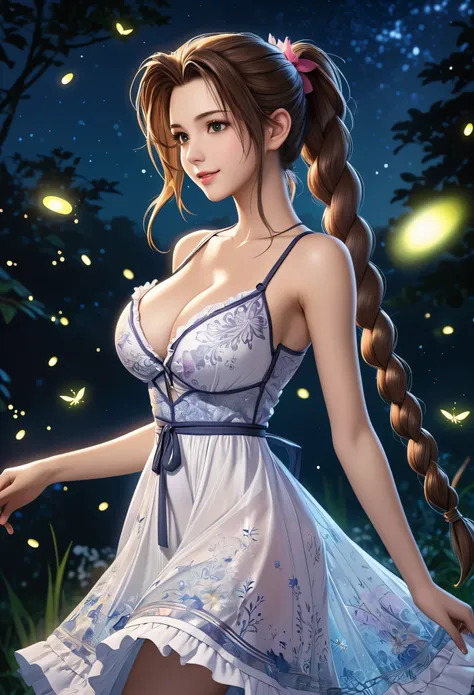 (((masterpiece))),((Highest quality)),Beautiful girl, Aerith, Sexy witch, bangs、(Long Hair, Braided ponytail:1.5)、(((healthy shaped body, huge firm bouncing bust, Deep cleavage)))、23 years old、Translucent white skin, Sparkling sweat, (Gorgeous frilled dres...