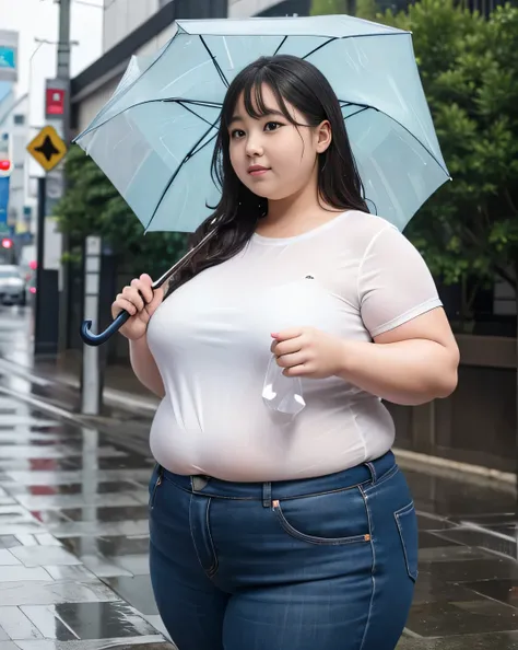 ((8K)), highest quality, 超High resolution, (Surreal)、(High resolution), 1 girl, Overweight, Extremely fat, ((Chubby)), wet shirt, hold an umbrella, its raining, Japanese