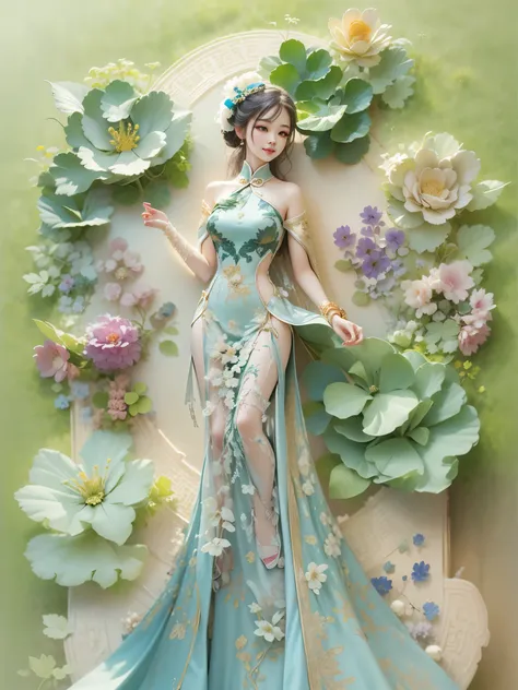 (paper art, Quilted paper art, 3d), (full-body shot:1.5), 1 Cheongsam woman，shy，slim body，Perfect proportions，Exquisite hair accessories，Smile，Oriental elements，Simple background，Mint Green，(Soft lighting，bokeh)，high quality，4K