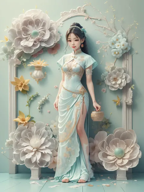 (paper art, Quilted paper art, 3d), (full-body shot:1.5), 1 Cheongsam woman，shy，slim body，Perfect proportions，Exquisite hair accessories，Smile，Oriental elements，Simple background，Mint Green，(Soft lighting，bokeh)，high quality，4K