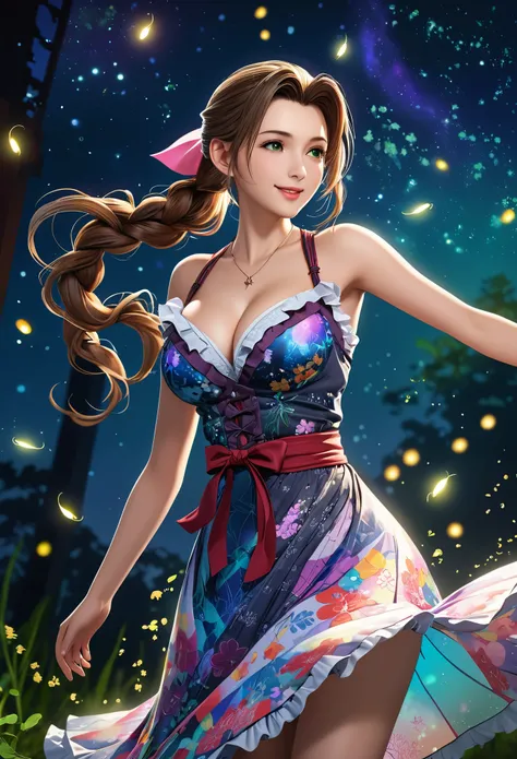 (((masterpiece))),((Highest quality)),Beautiful girl, Aerith, Sexy witch, bangs、(Long Hair, Braided ponytail:1.5)、(((healthy shaped body, huge firm bouncing bust, Deep cleavage)))、23 years old、Translucent white skin, Sparkling sweat, (Gorgeous intricately ...