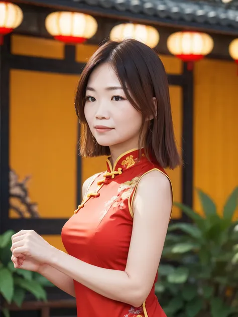 a woman wearing a chinese dress、she is posing with a traditional chinese garden as a backdrop。there are red lanterns and bamboo ...