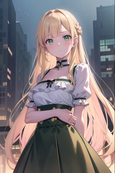 Blonde Hair, choker, (Green Eyes:1.5), Long Hair, dress, skirt, blush, blush stickers, Cross your arms behind your back, Arms folded behind back, china dress, break looking at viewer, break outdoors, city, break (masterpiece:1.2), highest quality, High res...