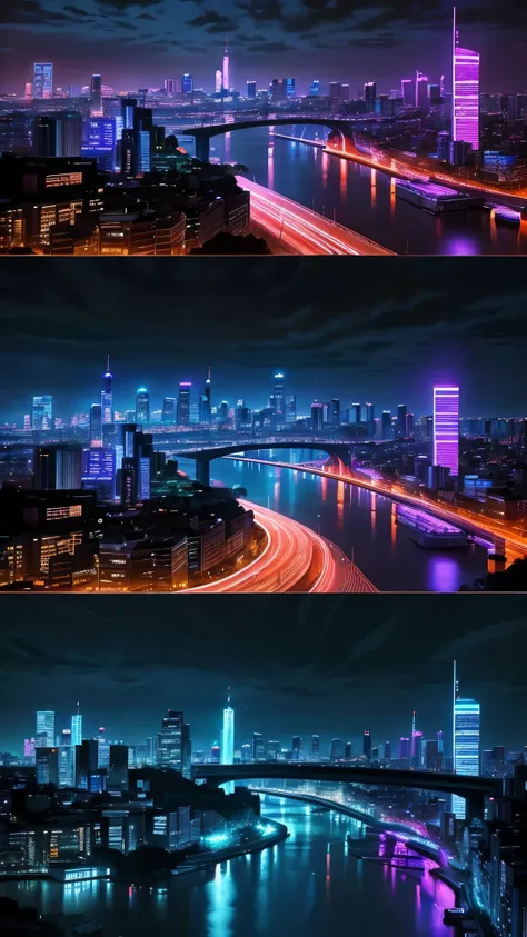 Futuristic city night view。Lined with skyscrapers、The innovative architecture is eye-catching。The skyline is lit up with neon lights of various colors、Blue and pink are especially dominant.、It creates a vibrant atmosphere。The building has many illuminated ...