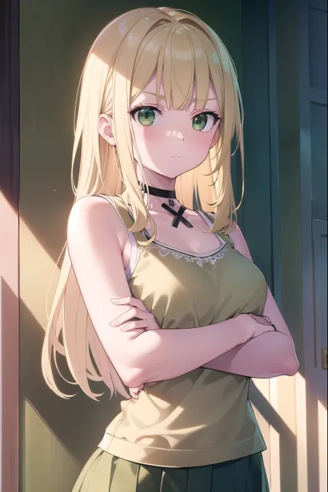 Blonde Hair, choker, (Green Eyes:1.5), Long Hair, dress, skirt, blush, blush stickers, Cross your arms behind your back, Arms folded behind back, Tank top, underwear visible underneath the tank top, break looking at viewer, break outdoors, city, break (mas...