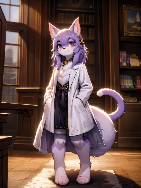 
masterpiece, very detailed, detailed background, bright lighting, purple and white fur, long fluffy tail, cat, standing in front of a library