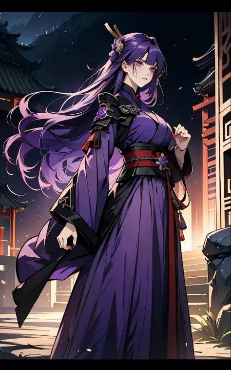 1 women, raiden shogun - genshin impact, long purple hair, violet eyes, violet chinese clothes, ultra long skirt, fight, battle,...