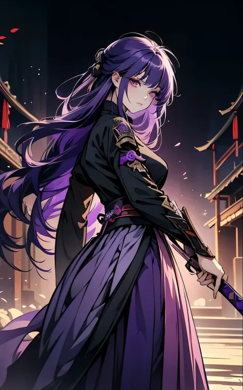 1 women, raiden shogun - genshin impact, long purple hair, violet eyes, violet chinese clothes, ultra long skirt, fight, battle,...