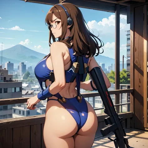 Imperial Guard Combat Uniform Swimsuit, o-ring bikini, v gundam, swimsuit, absurdres, highres, solo, cowboy shot, 1girl, neneka nibrou (cosplay), wristband, headphone, holster, backpack, holding gun, aiming, perfect hands, wind, (highres,best_quality,maste...