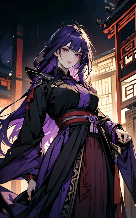 1 women, raiden shogun - genshin impact, long purple hair, violet eyes, violet chinese clothes, ultra long skirt, fight, battle,...