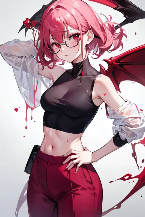 underdressing，Expression of disgust，Expression of disgust，Red Eyes，Sweat，Soaked，liquid，transparent，Cropped tops，succubus，pink，Glasses，trousers，Back