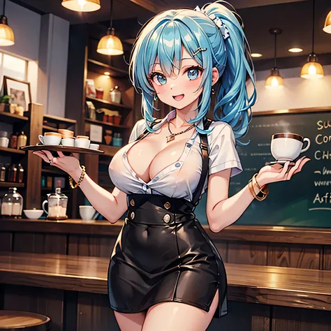 Anime Moe Art Style,Highest quality,High resolution,Anatomically correct,One Girl,Mid-teens,A girl with light blue hair in a ponytail,Super detailed,Fantasy World,Big Breasts,Shiny skin,Beautiful Skin,A rich expression,Laughing with your mouth open,Coffee ...