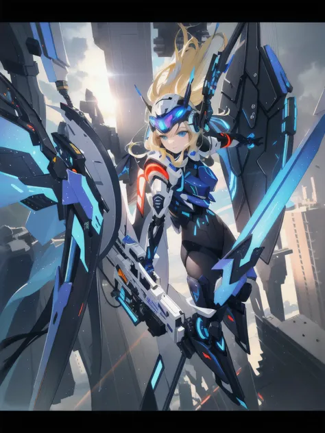 a beautiful detailed angel girl with long flowing blue hair and large blue eyes, wearing a futuristic crop top body armor with mechanical wings, a black trimmed exoskeleton and head mounted display, flying in a futuristic white city with a clear blue visor...