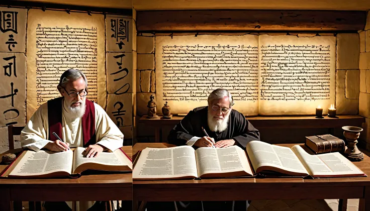Setting: A symbolic split screen, with one half representing ancient biblical times and the other representing a modern, academic setting.
Subject: On the left, an ancient scene with a scribe writing on a scroll in a dimly lit room, surrounded by tradition...