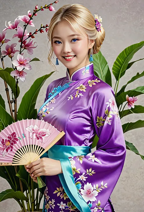 1girl, solo, purple chinese clothes, Cheongsam, blonde hair, looking at viewer, smile, blue eyes, hand fan, hand on hip, flower, plant, realistic,