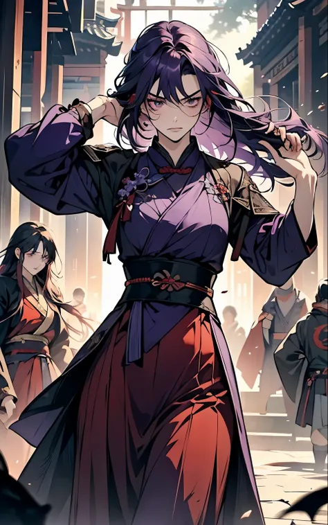 (!Fight, battle, blood, weapon, sword, blood coming out of his mouth, injury, torn clothes, horror!) 1 women, Raiden Shogun - genshin impact, long purple hair, violet eyes, violet chinese clothes, ultra long skirt,