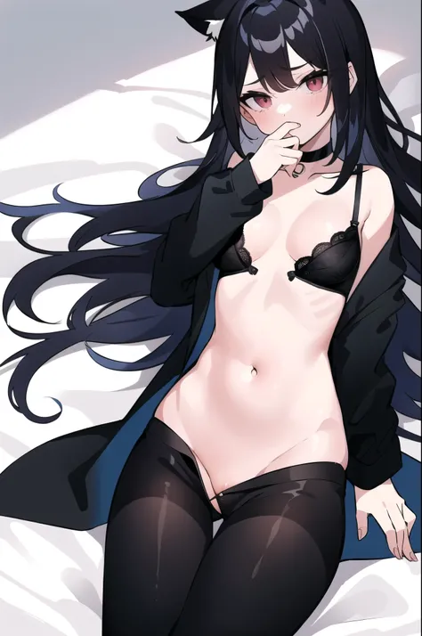 1girl, R17, white bed background, drawing just above the thigh, lying on the bed, barely covering the nipple, barely covering the genitals, rear attention, black, long hair, black monochrome choker on the neck, cat eyes, cat eyebrows, moderate chest, black...