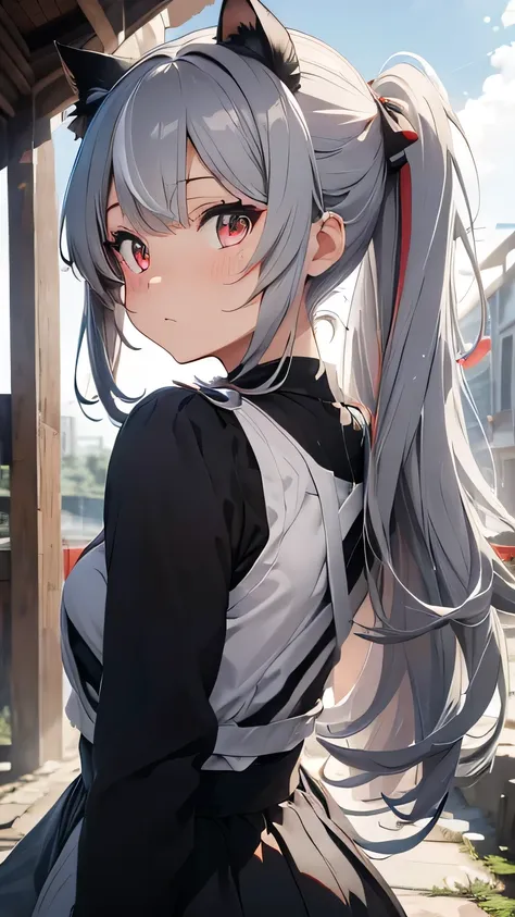 grey hair, wavy hair, cat ears, multicolored eyes, wince, anime style, backlighting, uhd, masterpiece, super detail, high qualit...