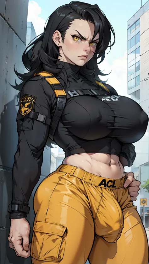 angry (tactical clothes) muscular thick thighs huge breasts pale skin black hair yellow eyes girl ((female bulge))