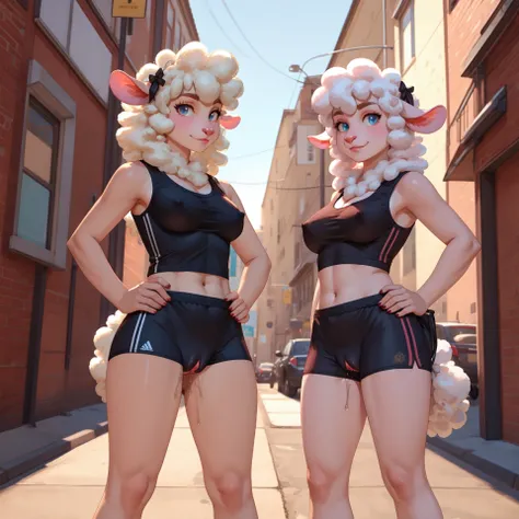 sheep, 2 girls, pussy, pubic hair, showing breasts, sports bra, bottomless, smirk, looking at the viewer, on the street, pussy juice, hands on hips