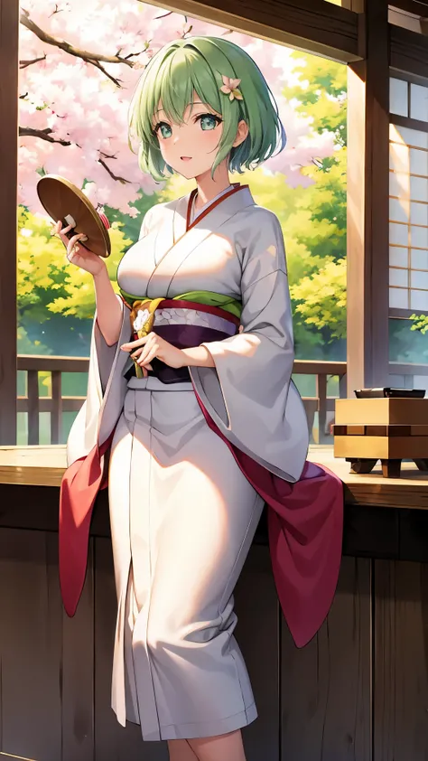 Girl with short green hair, Small breasts, Green Eyes, White Casual Wear Beauty Special、(((tits))),Full body photo from head to toe、Kimono、Patterned Japanese clothing、Cherry tree in full bloom、Fluttering petals、、Graceful Manners、Playing the shamisen、Playin...