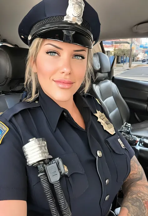 (masterpiece, best quality:1.2), 1girl, Valarie Cosetta in a police uniform holding a cell phone, wearing a police uniform, police officer, police lights shine on her face, brave police j decker face, officer, bodycam, police uniform, full body camera shot...