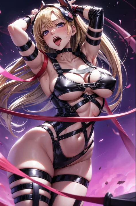 Blonde Japanese Mature、Gal、Female Combatant、Close-up of a girl in black bondage、Black Leather Shiny Bondage、Black fishnet stockings、Black shiny boots、black bondage mask、Saiyan Girl, wonderful, Nano Girl, Female body type, Inspired by Hiromu Arakawa, Anime ...