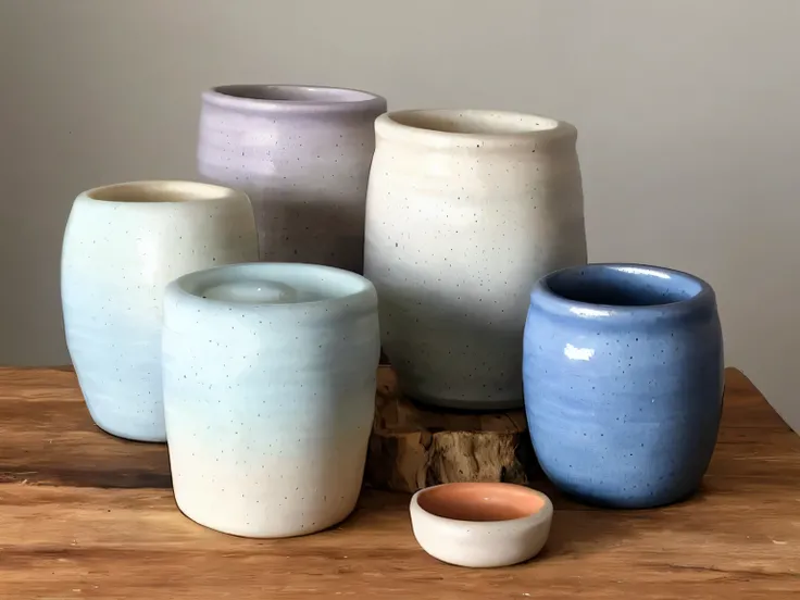 (Still),Colored glaze ceramics, containers,Vision,Lots of white space,(masterpiece), (best quality), Simple background, Rule of Thirds, (Still) Colored glaze ceramics, Backlight, real life, lifelike, actual, no humans, wood