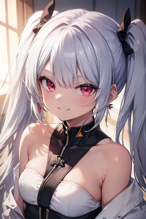 (8k、best image quality、highest quality、masterpiece)、detailed face、1 girl、silver hair、twin tails、red eyes、after sunburn、earrings、...