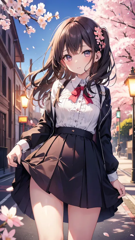 masterpiece, Highest quality, High resolution, Very detailed, Detailed Background, Cinema Lighting, One girl, cute, Medium chest, , Skirt Lift, Public indecency, View your viewers, building, Outdoor, cherry blossoms, Bokeh,