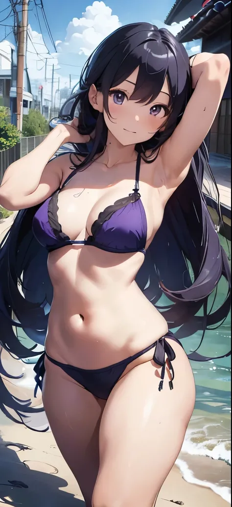 Purple haired girl drawn in high resolution Japanese anime style、whole body、Women in blue bikinis taking photos on a deserted beach, model bikini, , Young and cute gravure idol, Posing together in bras, Russian and Japanese mix, sakimichan, Asian woman, We...