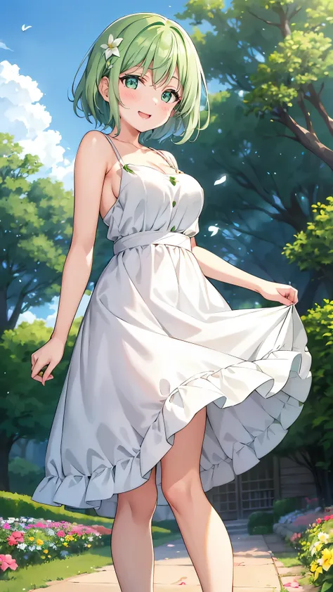 Girl with short green hair, Small size breasts, Small breasts、Green Eyes, White Casual Wear Beauty Special、(((tits))),Full body photo from head to toe、White dress、Colorful flower fields、Fluttering petals、A big smile when looking at the flowers、Uplifting