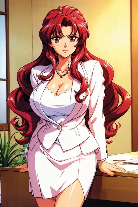 (final romance,rukawa saya,large breasts,ruby hair,long hair,wavy hair,long hair,grasses,white shirt,yerrow suits,mature female),office,smile