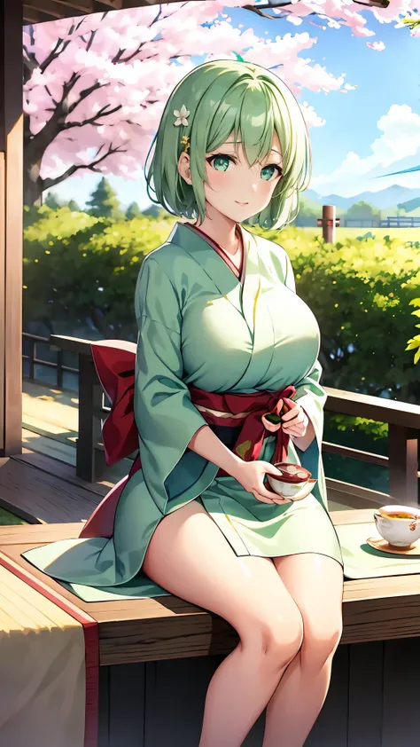 Girl with short green hair, Small breasts, Green Eyes, White Casual Wear Beauty Special、(((tits))),Full body photo from head to toe、Kimono、Patterned Japanese clothing、Cherry tree in full bloom、Fluttering petals、Tea Ceremony、Graceful Manners、Tea party、Chatt...