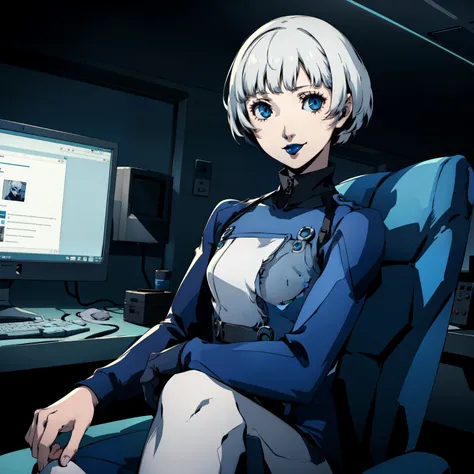 masterpiece, ((best quality)),((1 girl)), blue eyes, black lipstick, white hair, female , tomboy pixie haircut, deep blue suit, ...